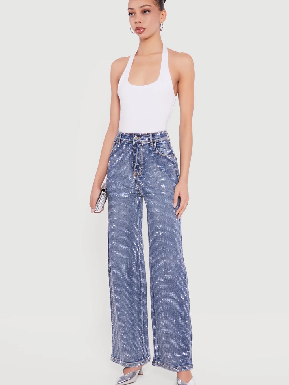 Embellished Wide-Leg Jeans in Denim Blue